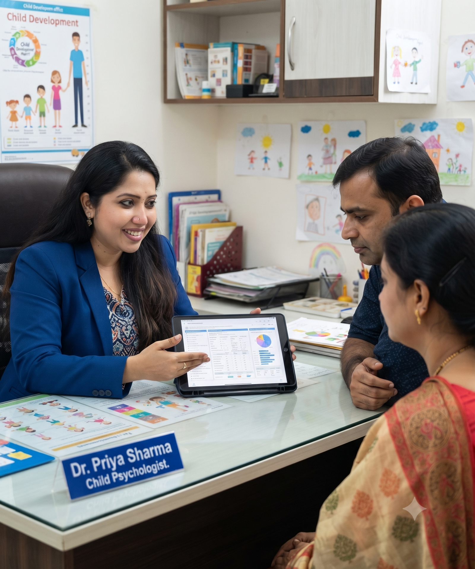 Psychologist discussing assessment with parents